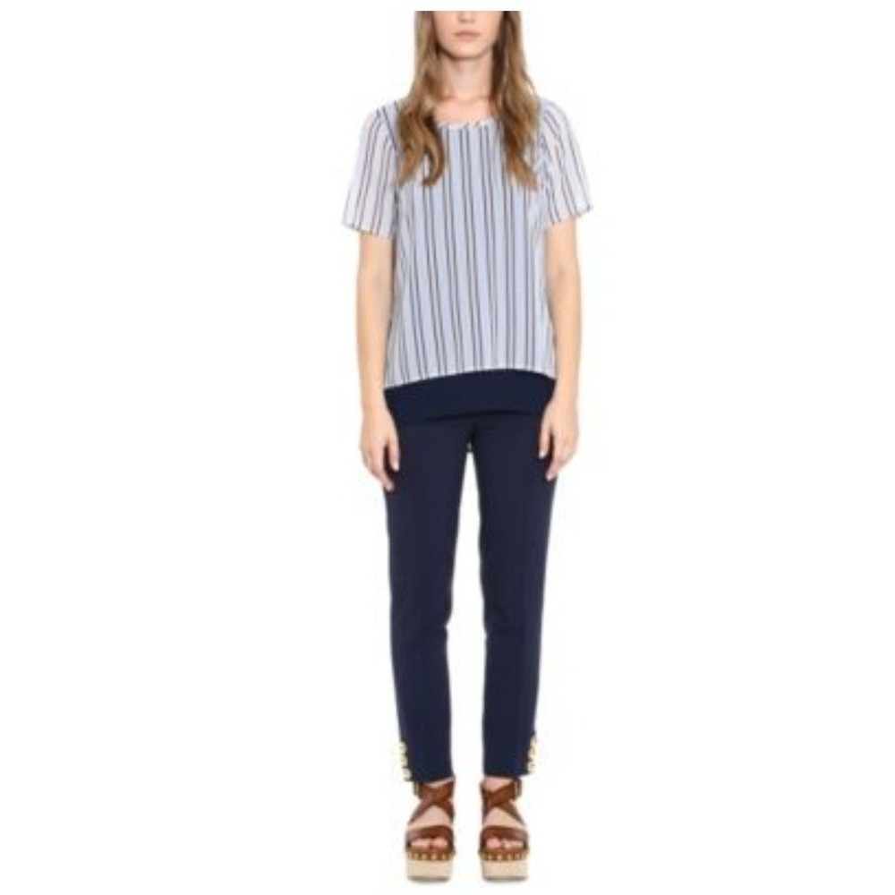 XL Michael Kors sheer short sleeve blouse sheer overlay navy light blue white